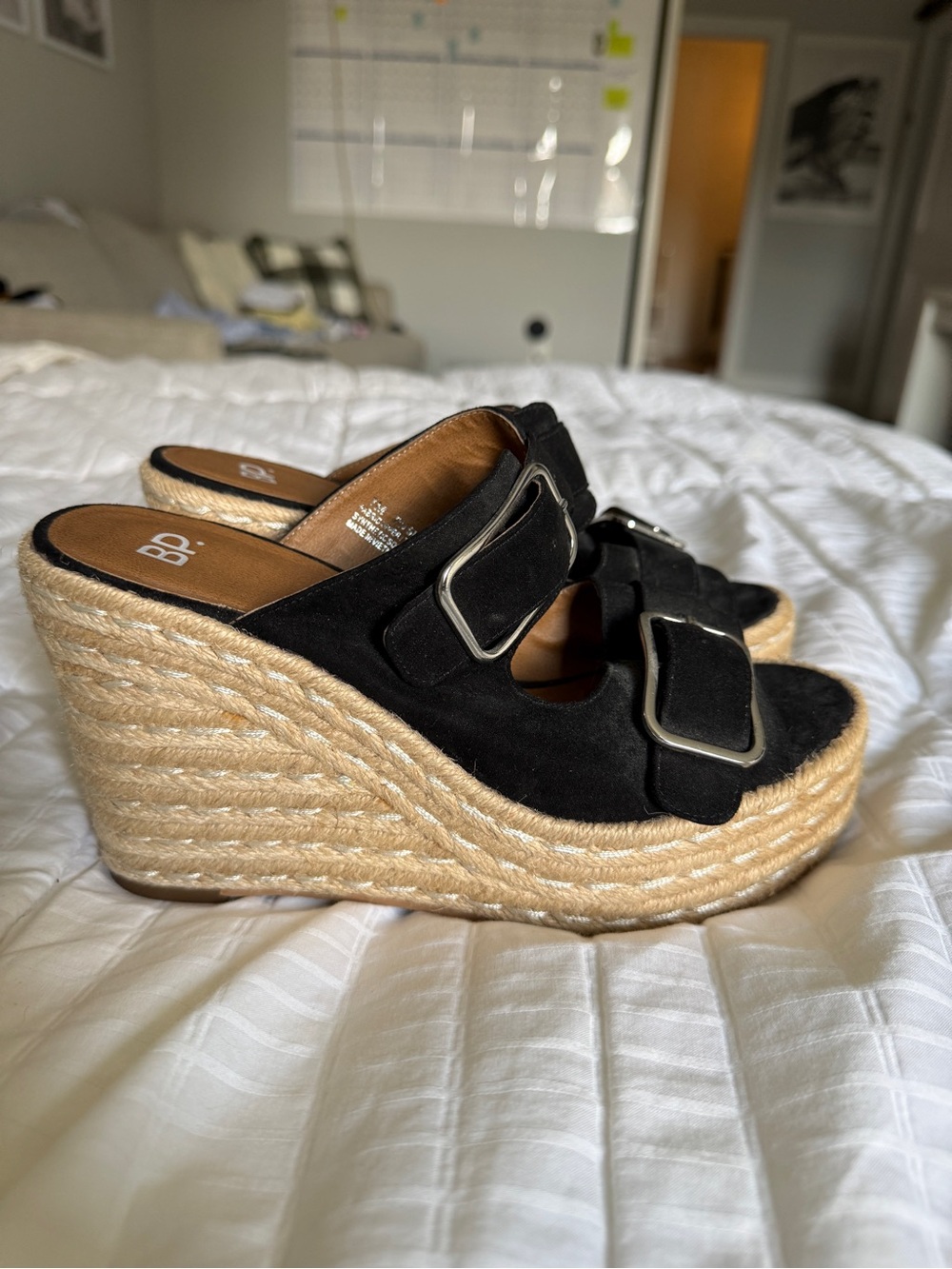 BP Black Suede Rope-Wedge Slide Sandals